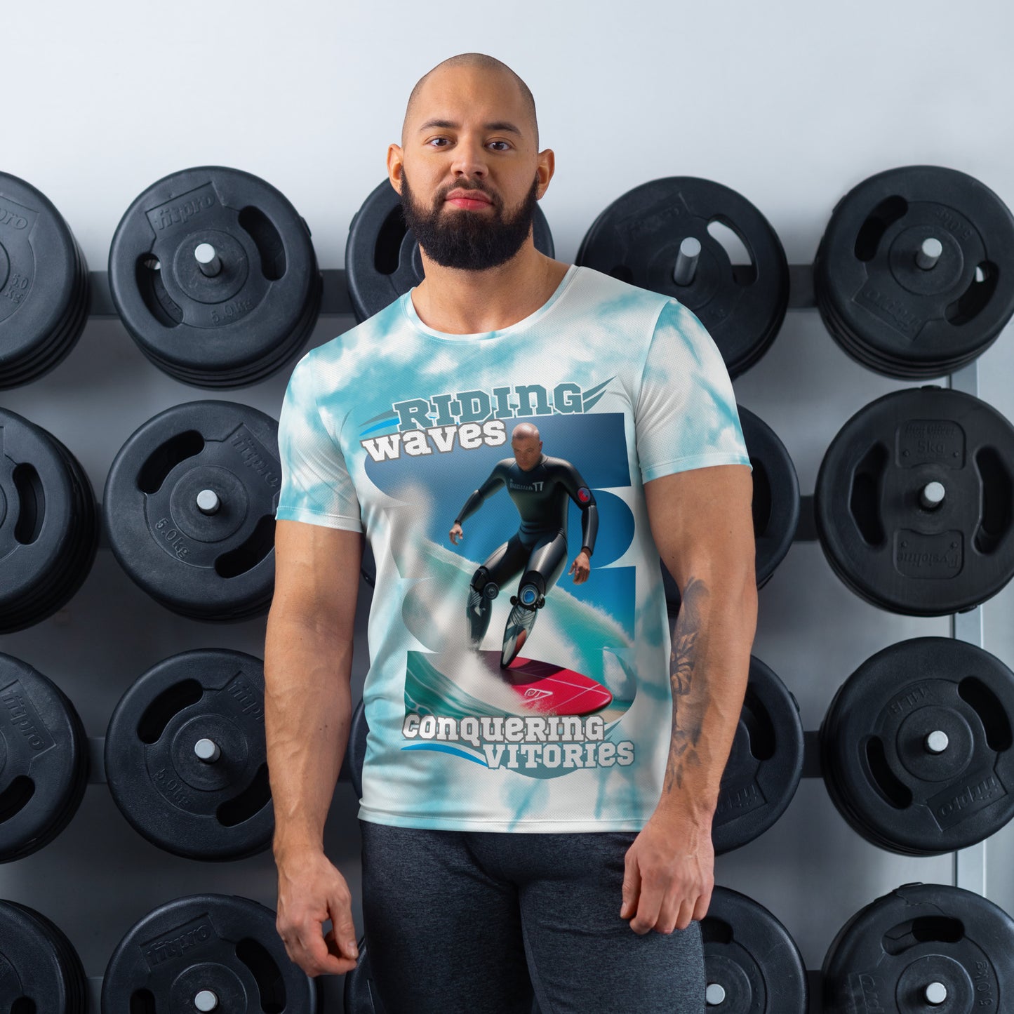 Ridding the Waves on Prosthetics Men's Athletic T-shirt