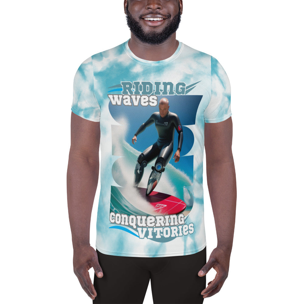 Ridding the Waves on Prosthetics Men's Athletic T-shirt