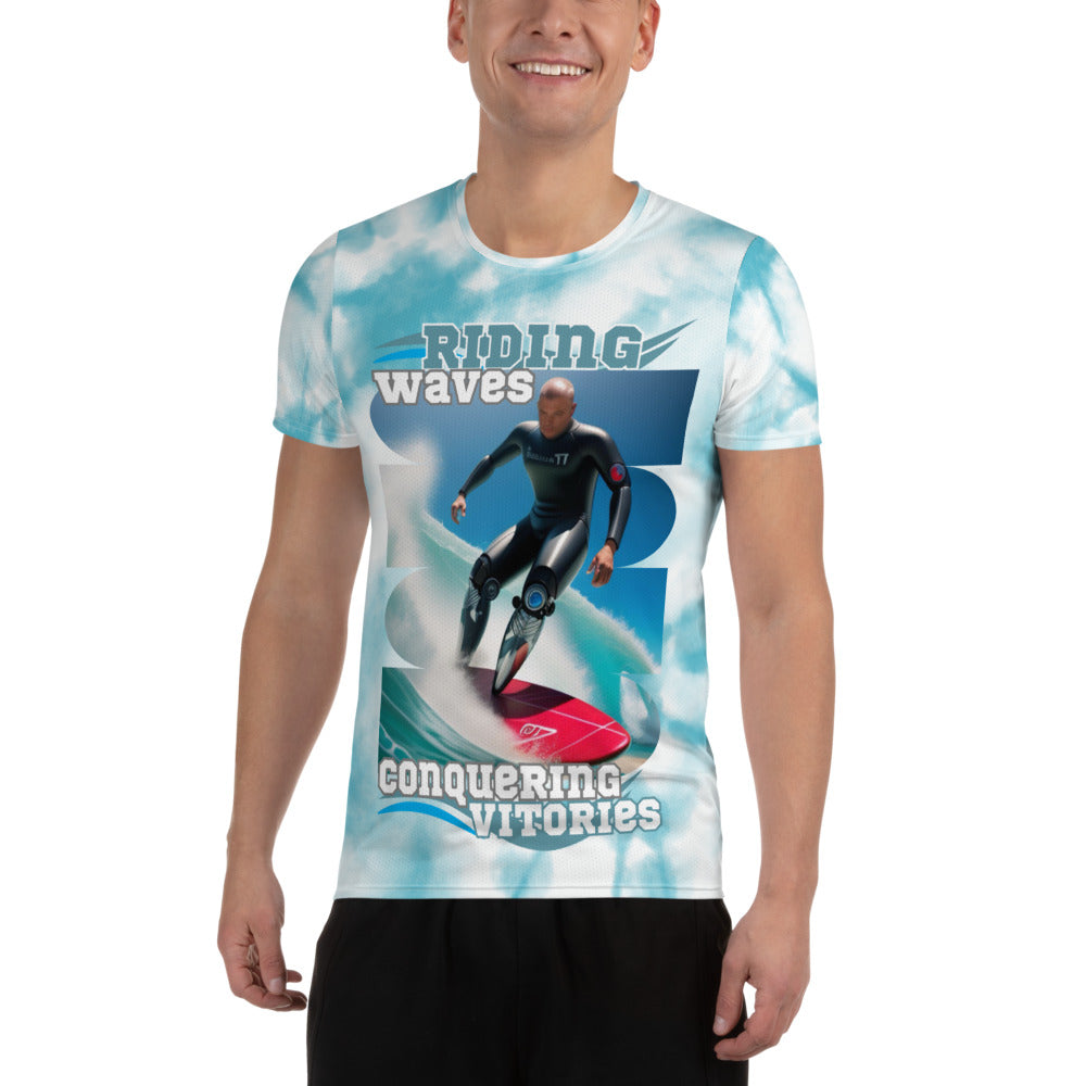 Ridding the Waves on Prosthetics Men's Athletic T-shirt