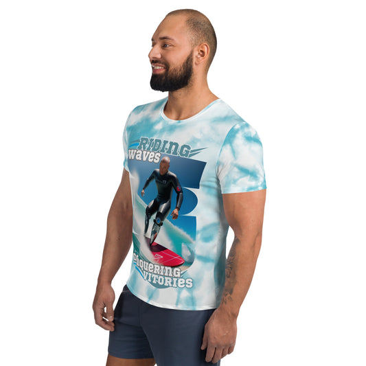Ridding the Waves on Prosthetics Men's Athletic T-shirt