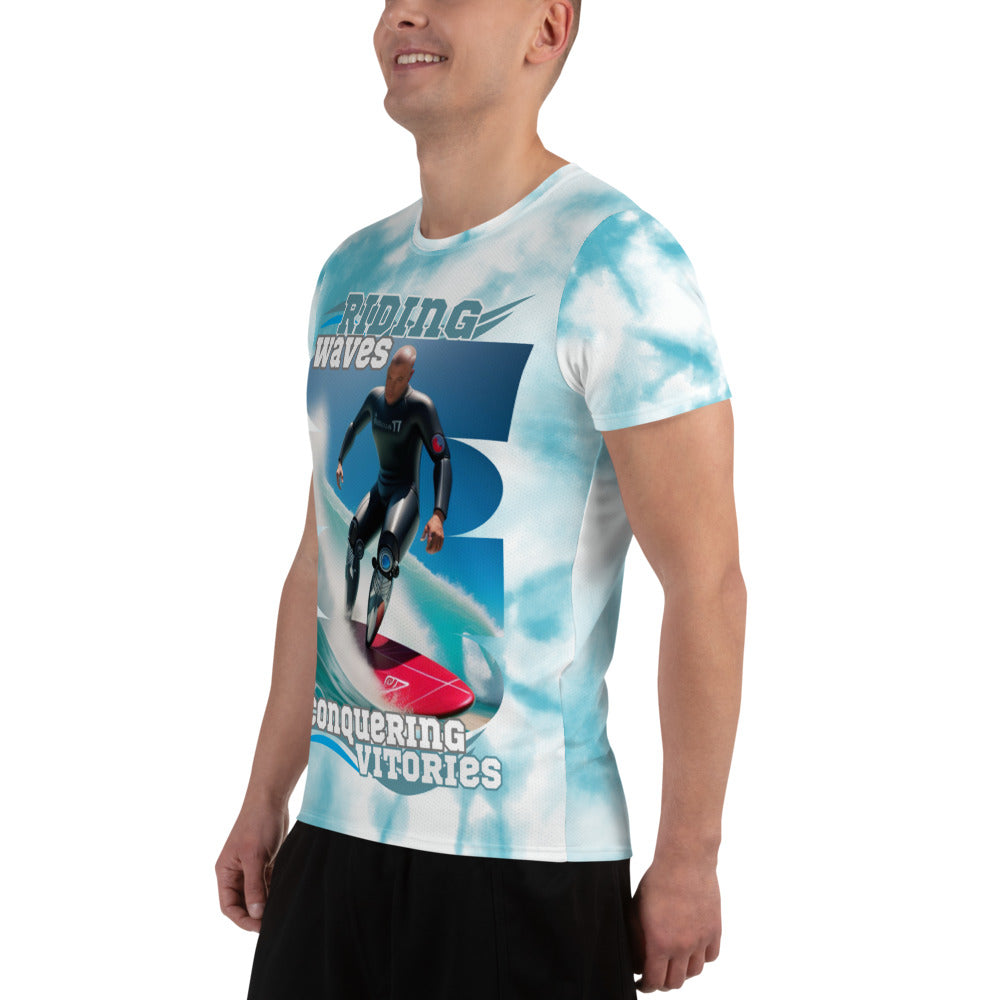 Ridding the Waves on Prosthetics Men's Athletic T-shirt