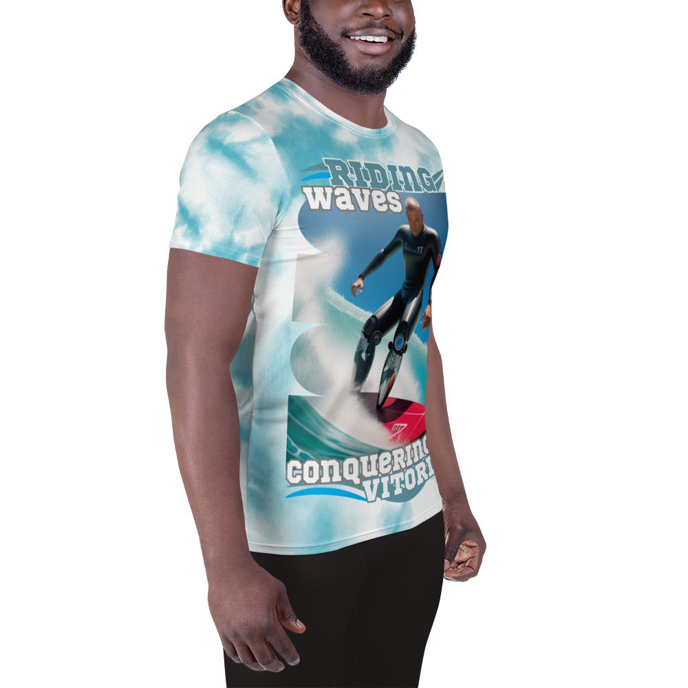 Ridding the Waves on Prosthetics Men's Athletic T-shirt