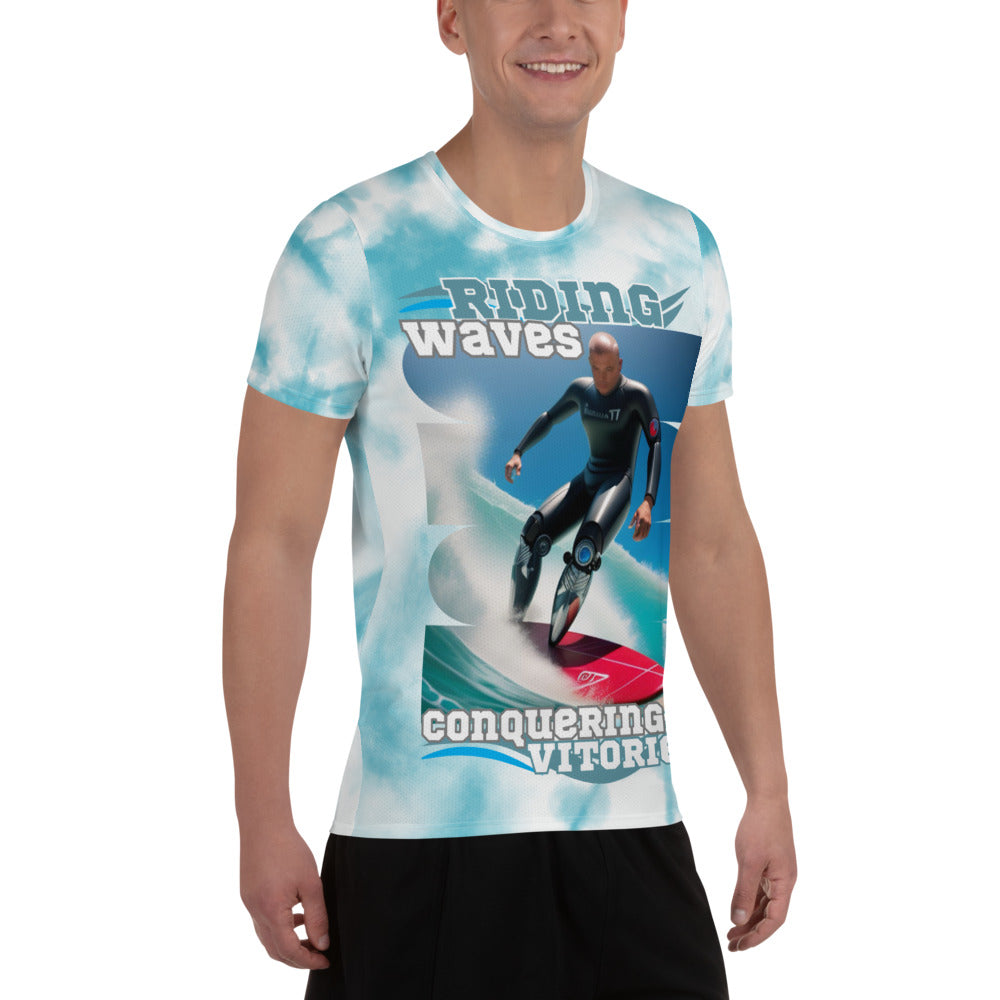 Ridding the Waves on Prosthetics Men's Athletic T-shirt